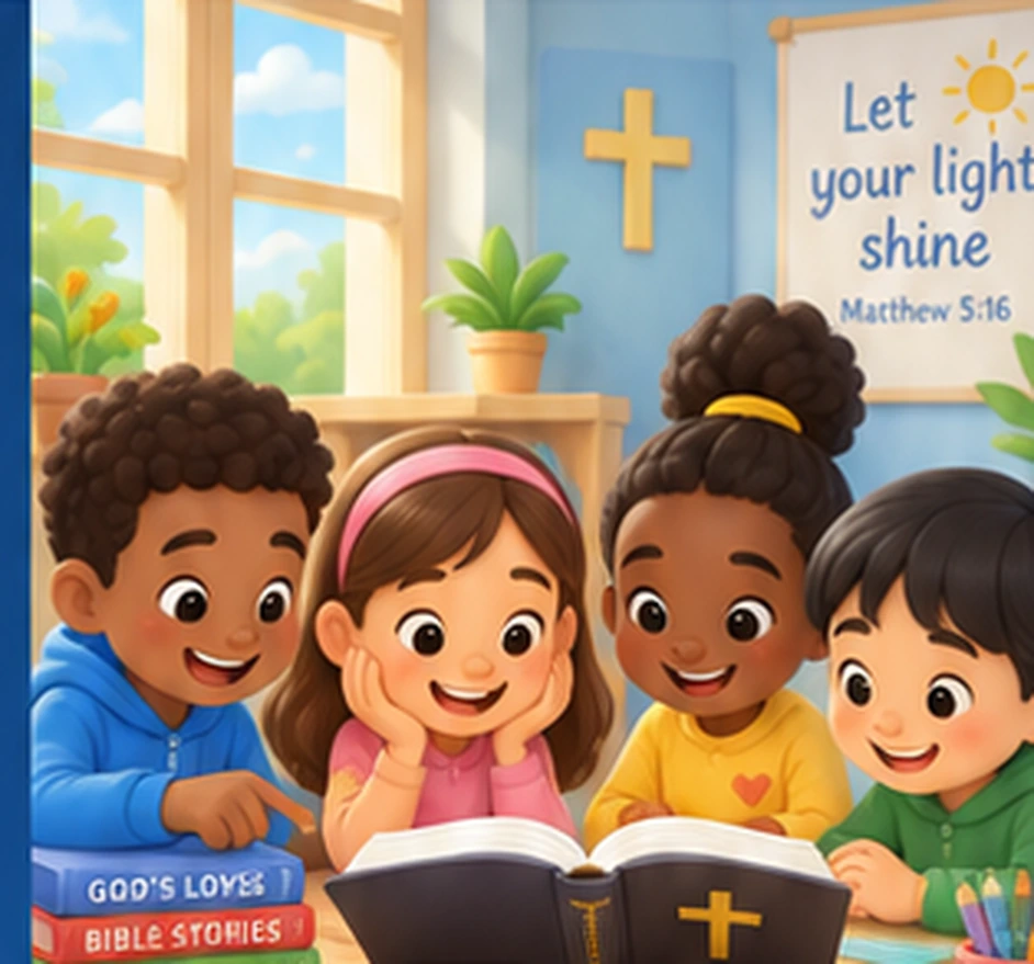 Children and family learning from an open Bible